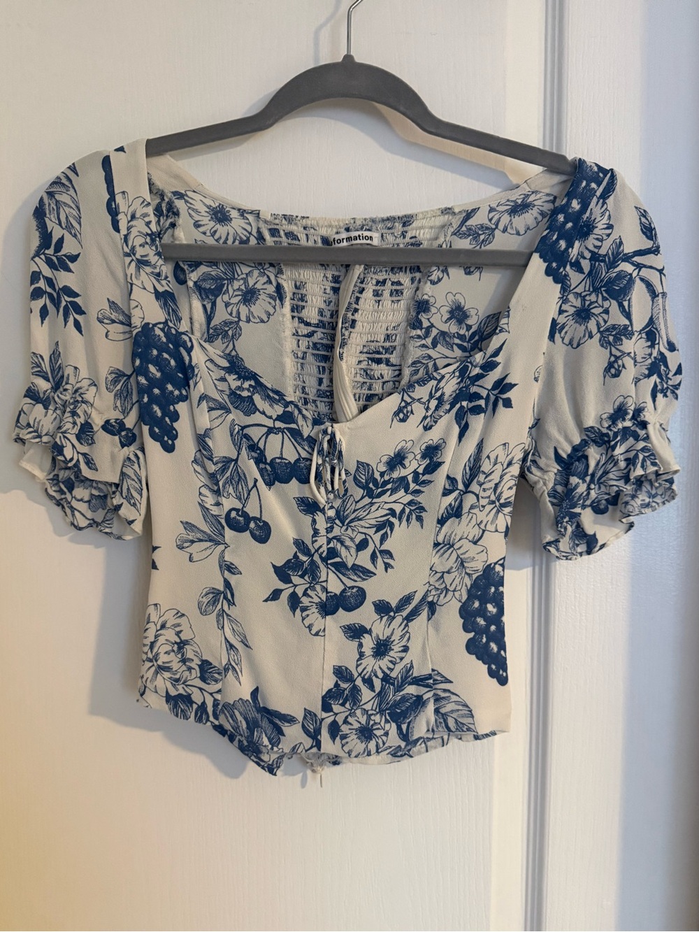 Reformation Delevan Top in Corsica - White with Blue Print and Puff Sleeves